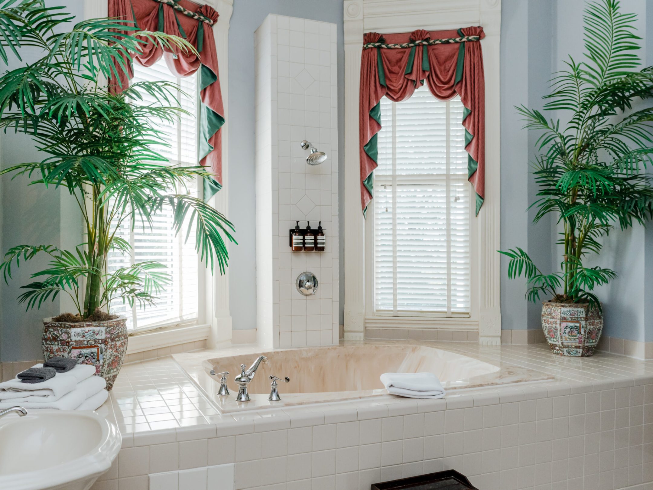 a sink sitting under a window next to a palm tree