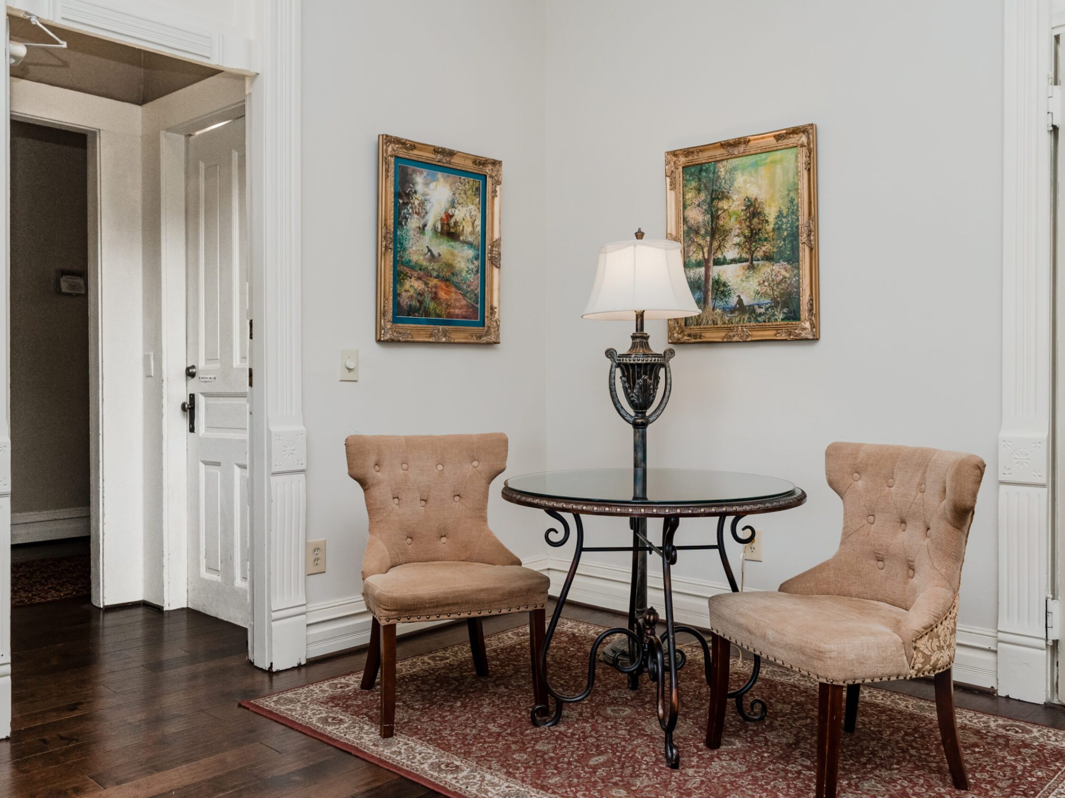 a living room with a wooden floor