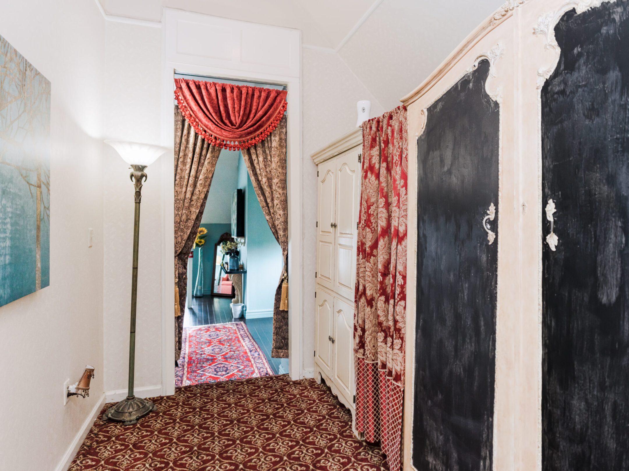 a bedroom with a shower curtain