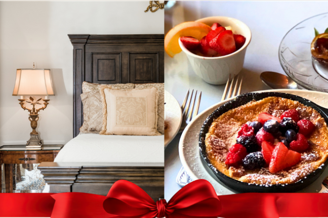 Split image: elegant bedroom and fruit-topped pastry, red bow at bottom center.
