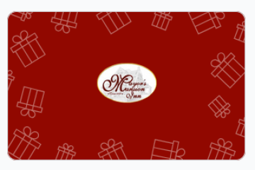 Red gift card with white gift box outlines and a central oval logo.